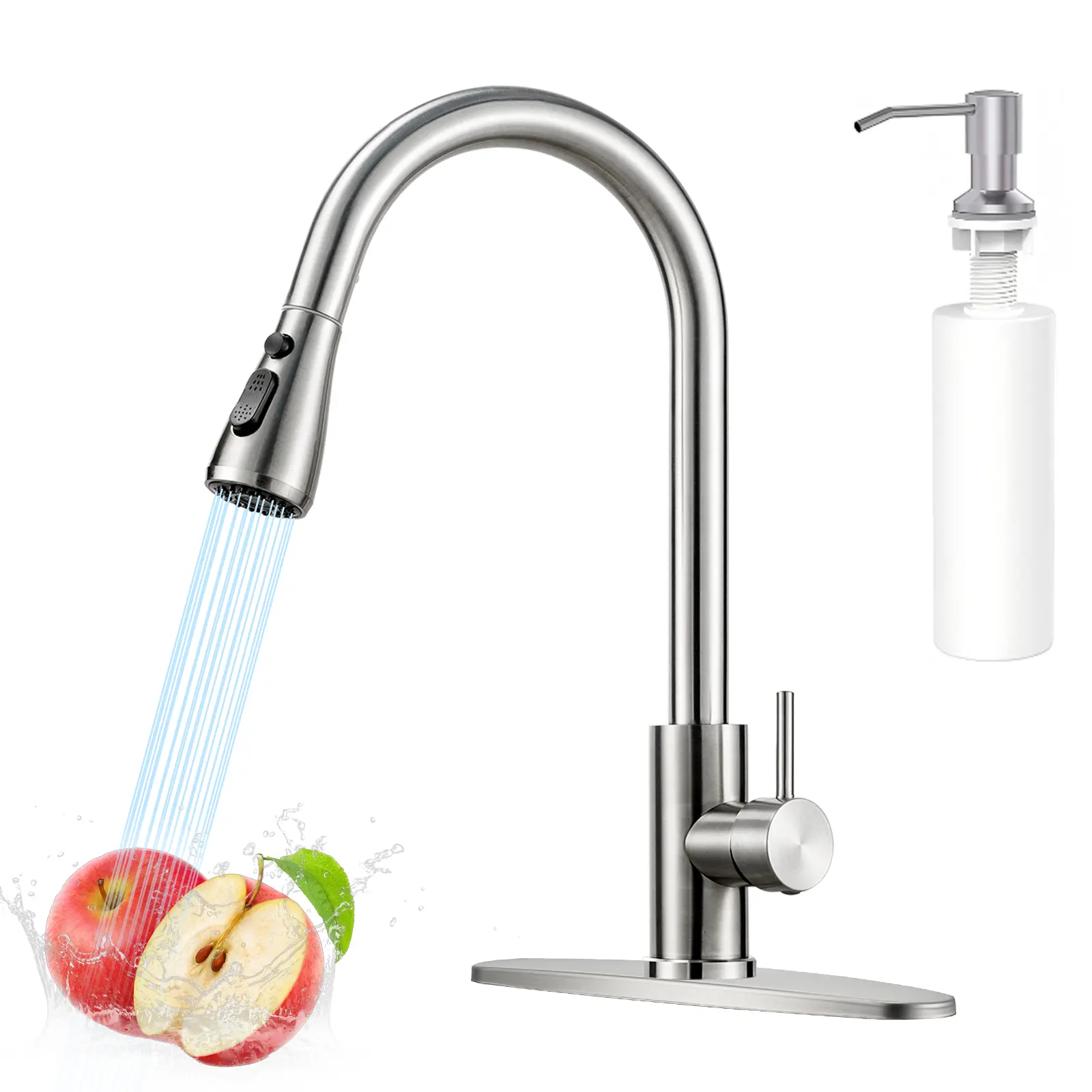 Stainless Steel Pull Down Sprayer Kitchen Faucet - Brushed Nickel Metal, High Arc Curved Spout Single Handle, 1 or 3 Hole, Spray Hose Attachment Pull Out Tap for Farmhouse Camper