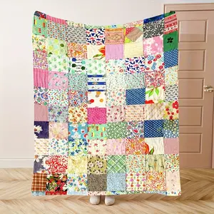 Vintage Boho Patchwork Floral Soft Cozy Flannel Blanket Cottagecore Retro Colorful Flower Print Warm Fuzzy Plush Throw for Bedroom Sofa Couch Perfect Birthday Christmas Gift for Women Girls Home Decor Lovers