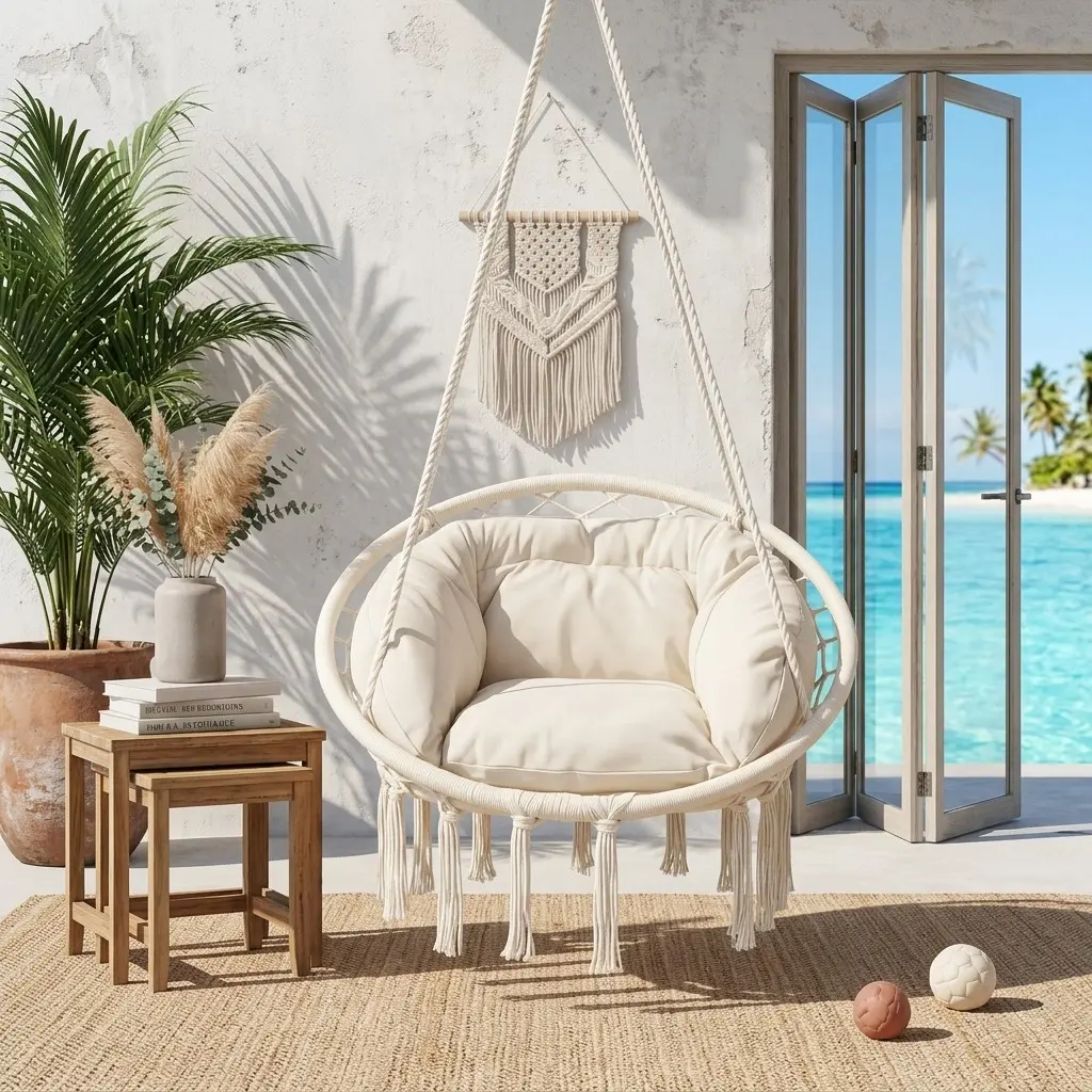 Single-Person Macramé Hanging Hammock Chair - Heavy-Duty 350 lbs Fabric Swinging Chair with Soft-Touch Large Polyester Cushion, Indoor-Outdoor Patio Hanging Swing for Living Room Porch Relaxation