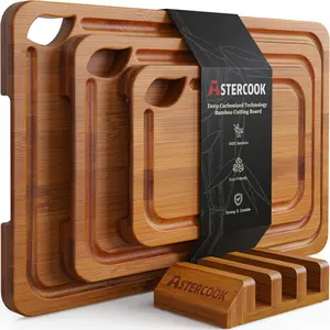 Deeply carbonized bamboo kitchen cutting board, equipped with a wooden storage rack, double-sided, with juice grooves and an easy-to-grip handle, a Mother's Day gift