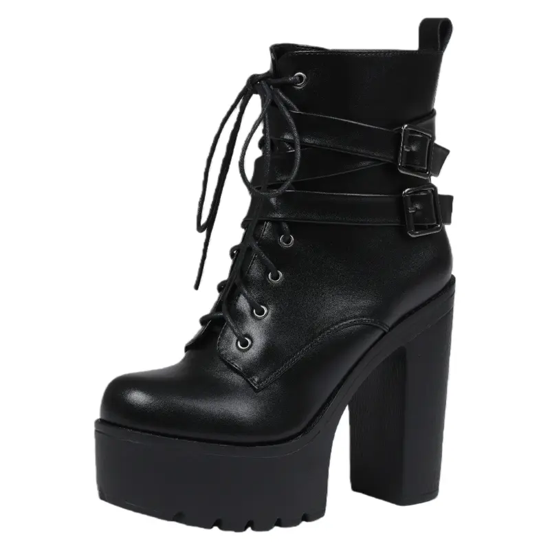 Women's Goth Punk Ankle Boots, Chunky Platform High Heel Footwear with a Lace-Up Design, Buckle Straps and Cutouts