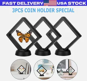 3 Pack Black 3D Floating Coin Display Frame Holder Box Case Black&Stand Φ2.2In