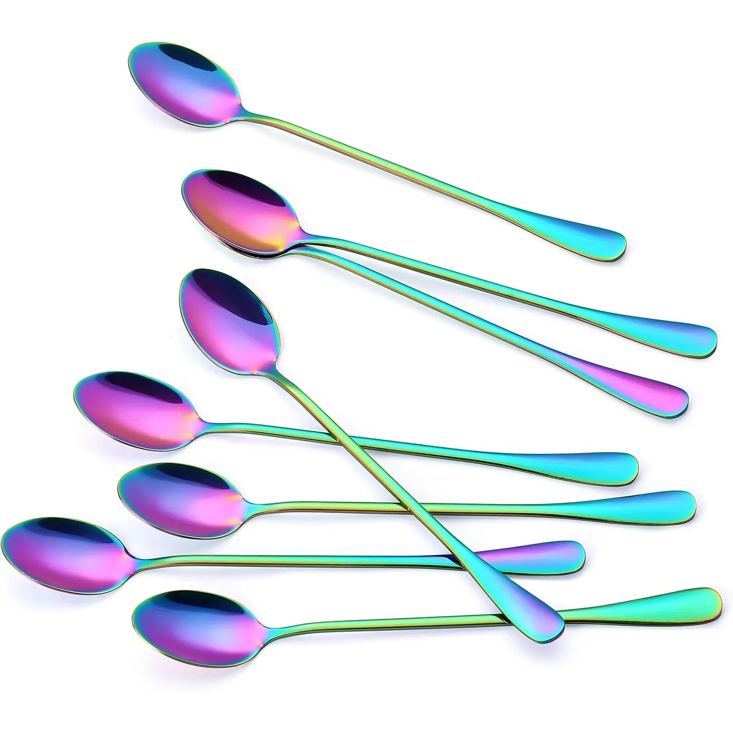 (R) Long Handle Spoons, Colorful Plated Latte Spoon, Stainless Steel Ice Cream Spoon, Iced ,  Stirring,, Coffee, Milkshake Dessert Spoons, Pack of 8