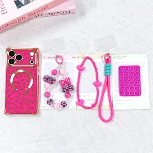 Luxury Leopard Print Glossy Square Phone Case 5-Piece Set with Matching Beads, Silicone Suction Seat, Hanging Rope, Chain, Shockproof Durable Cover, Magnetic Wireless Charging Compatible for iPhone 13/14/15/16/17 Series