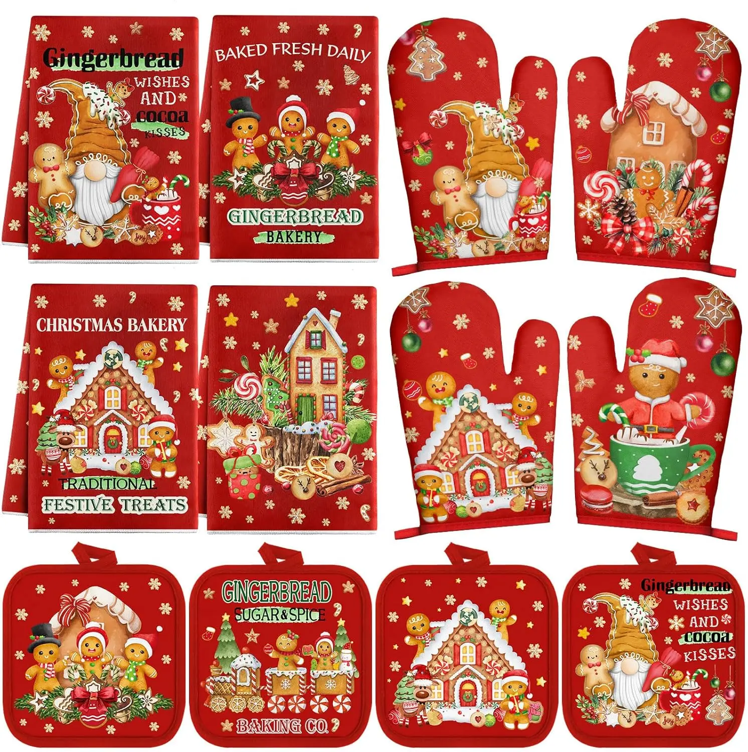 12 Pcs Christmas Kitchen Accessories Set Oven Mitts Pot Holders Dish Towels Xmas Gift for Cooking & Baking Lovers Kitchen Decor
