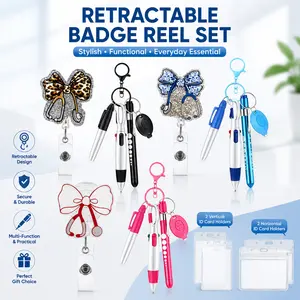 Glitter Bow Design Nurse Stethoscope Badge Clip Set, Healthcare Accessories with Highlighter, Multicolored Round Pens, Transparent Card Holder, Retractable Keychain, Ideal for Hospital Staff, Nursing Student Badge Reel, Lanyards For Id Badges Retractable