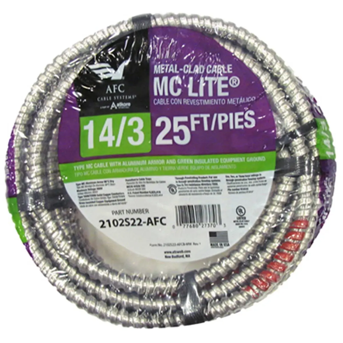 212 MAIN Metal Clad Aluminum Flexible Conduit - 25 ft, 3-Conductor 14 Gauge Wire with Green Ground, AFC Cable Systems 2102S22-AFC, 2.5 lbs, 8.5x8.5x2.25 in, Shrink-Wrapped for Outdoor Wiring & Cycling Leisure Equipment