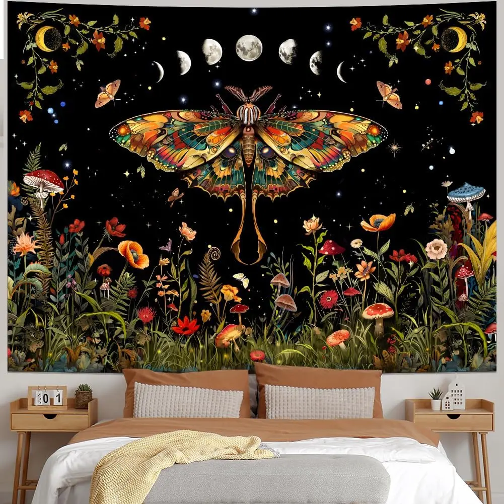 Orange Butterfly Tapestry Retro Floral Flower Tapestry Moon Phase Tapestry Aesthetic Vintage Boho Wall Tapestry Botanical Mushroom Tapestry Wall Hanging for Bedroom,evangelion,family