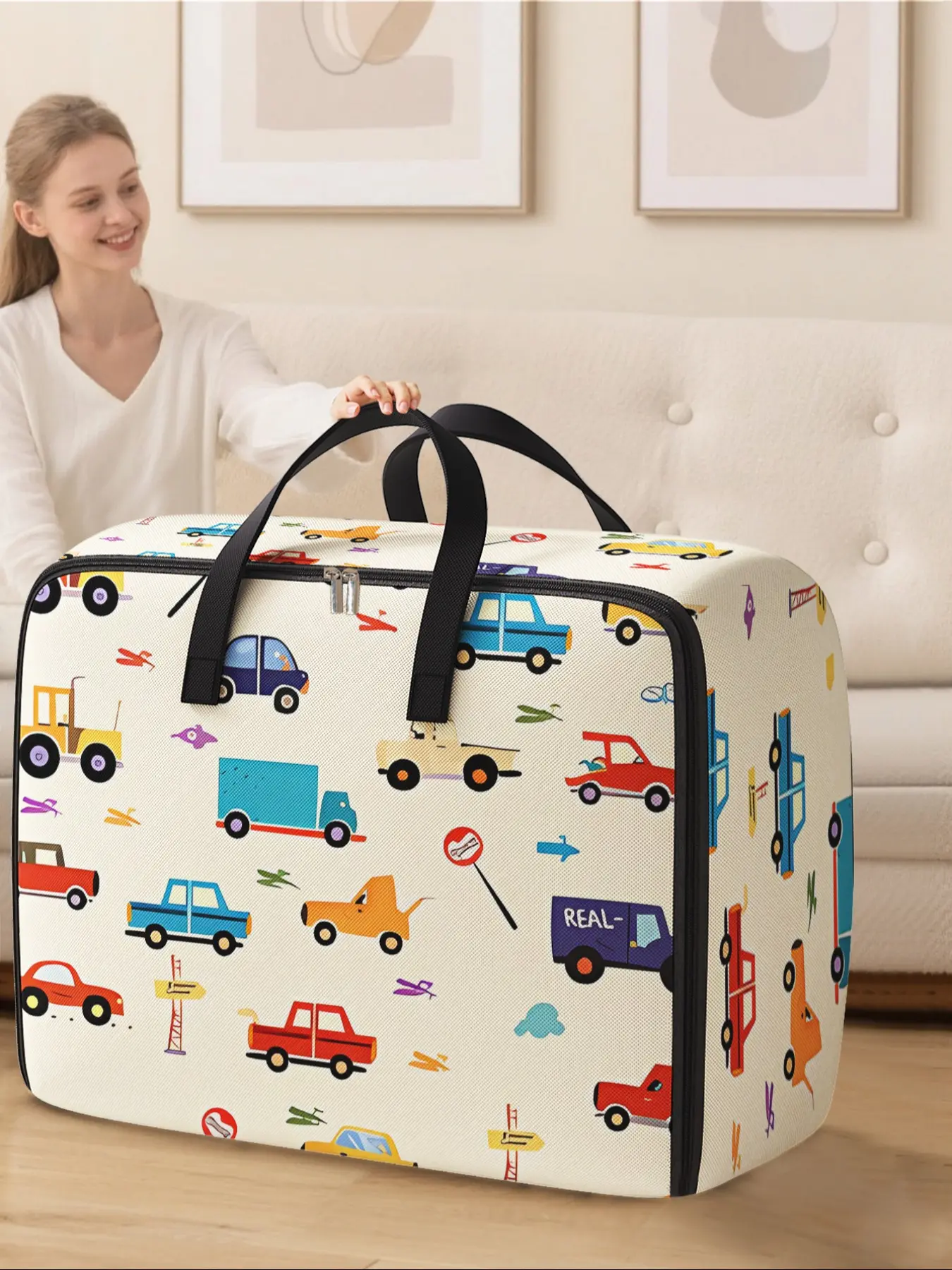 Cartoon Car Pattern Collapsible Storage Box, Space-Saving Large Handheld Organizer, Foldable Collapsible Organizers, Collapsible Storage Bins, Ideal for Moving, Travel, Camping, Dormitory, Bedroom