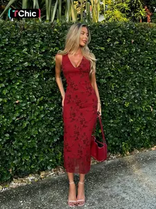 Women's Floral Print Knit Deep V Neck A Line Dress, Elegant Sleeveless Plunge Neck Bodycon Long Dress, Ladies Summer Clothes for Party Holiday Wedding Guest, Summer Dresses