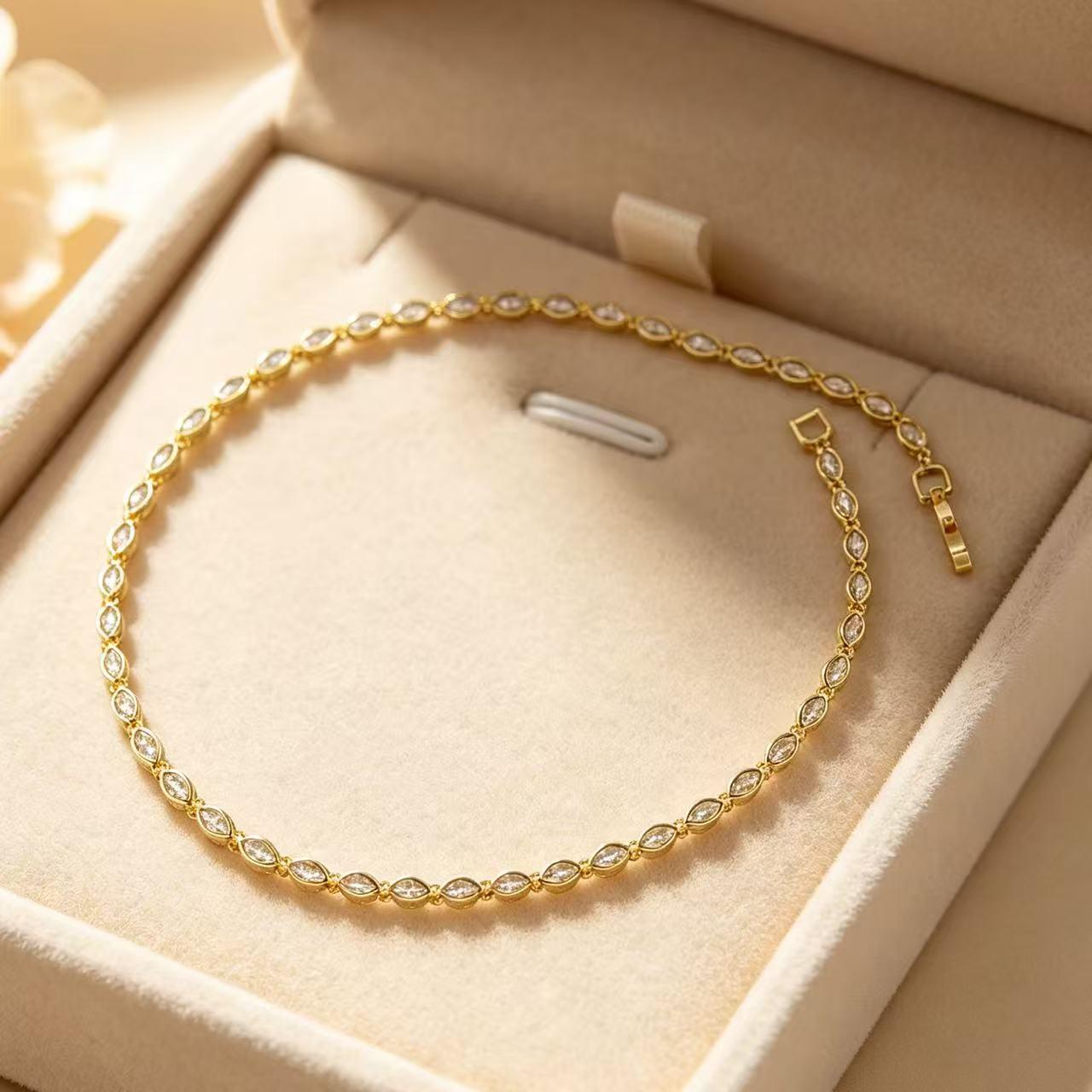 QUEENDO Marquise Cut Tennis Choker Necklace - Tarnish Resistant Polished Metal, Continuous Bezel-Set Marquise Stones, Dainty Minimalist Collarbone Chain, Everyday Layering Neck Jewelry, Affordable Luxury Style, adjustable link bracelet, daily jewelry gift