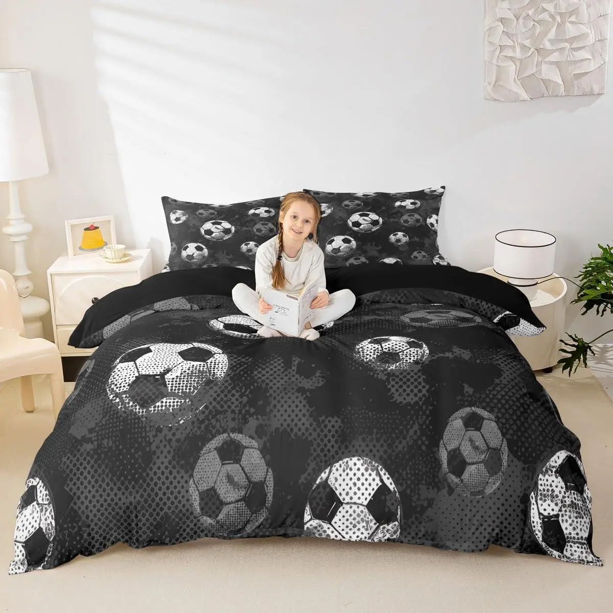 Soccer Comforter Cover Football Duvet Cover for Boys Teens Sport Themed Bedding Set,Ball Gaming Bed Cover Black Gray Grunge Room Decor with Lightweight Soft Bed Set