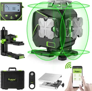 Huepar - 360 Auto Leveling Laser Level, 4x360° Green Crosshairs, Laser with LCD Screen for Construction - Remote Control, Li-Ion or 4 AA Batteries, 4D Bluetooth, Outdoor Pulse Mode Laser Tool