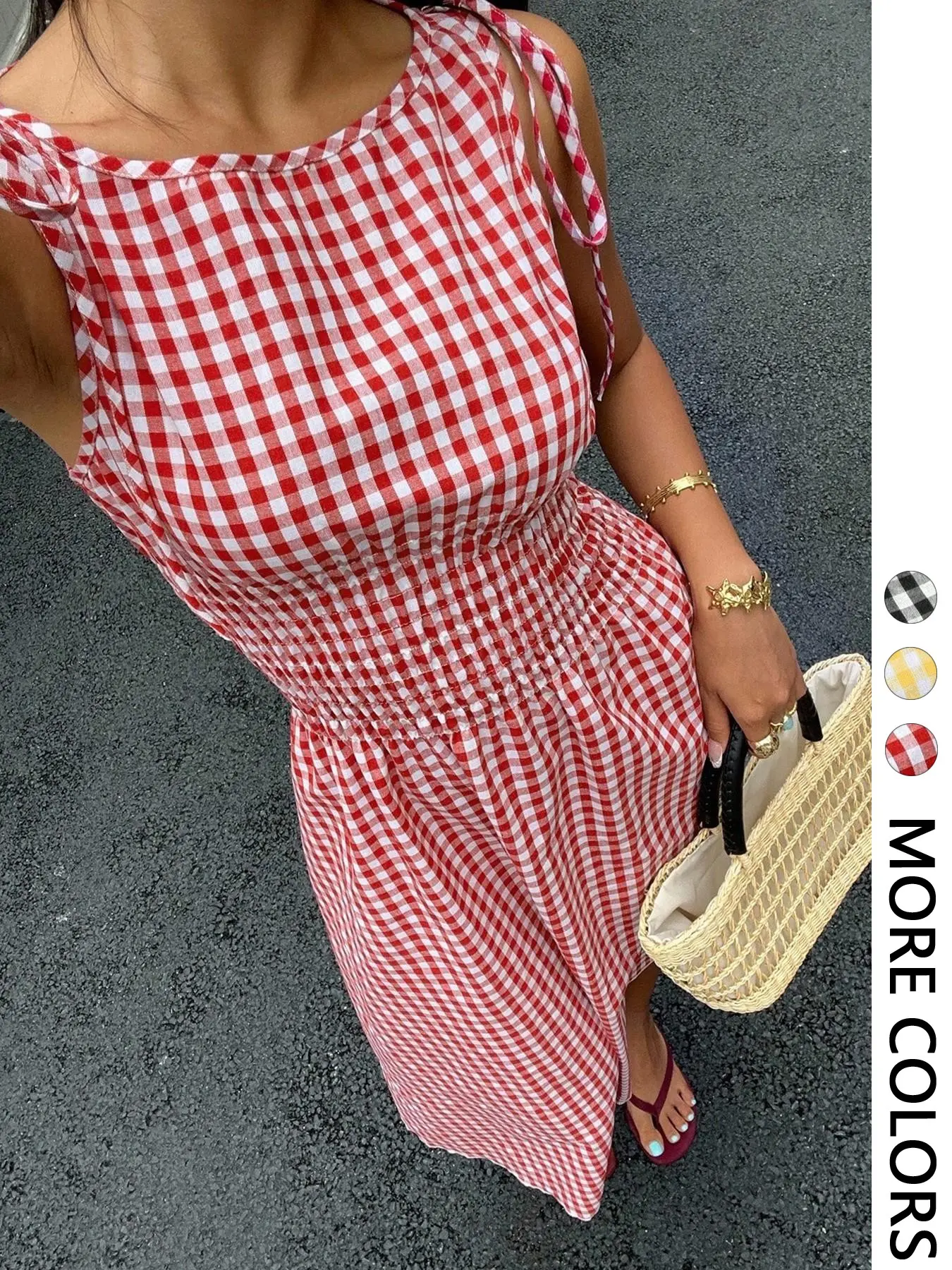 Women's Gingham Check Woven Midi Dress with Adjustable Tie-Shoulder Straps, Smocked Waist and Round Neck, Breathable Dress for Casual Wear, Vacations, Picnics and Dates