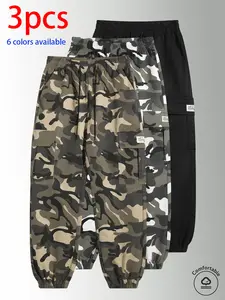 3-pack men’s long pants: men’s camouflage cargo jogger pants, loose slim fit multi-pocket casual pants with elastic drawstring design, available in multiple colors, suitable for everyday wear, holiday travel, and outdoor hiking.