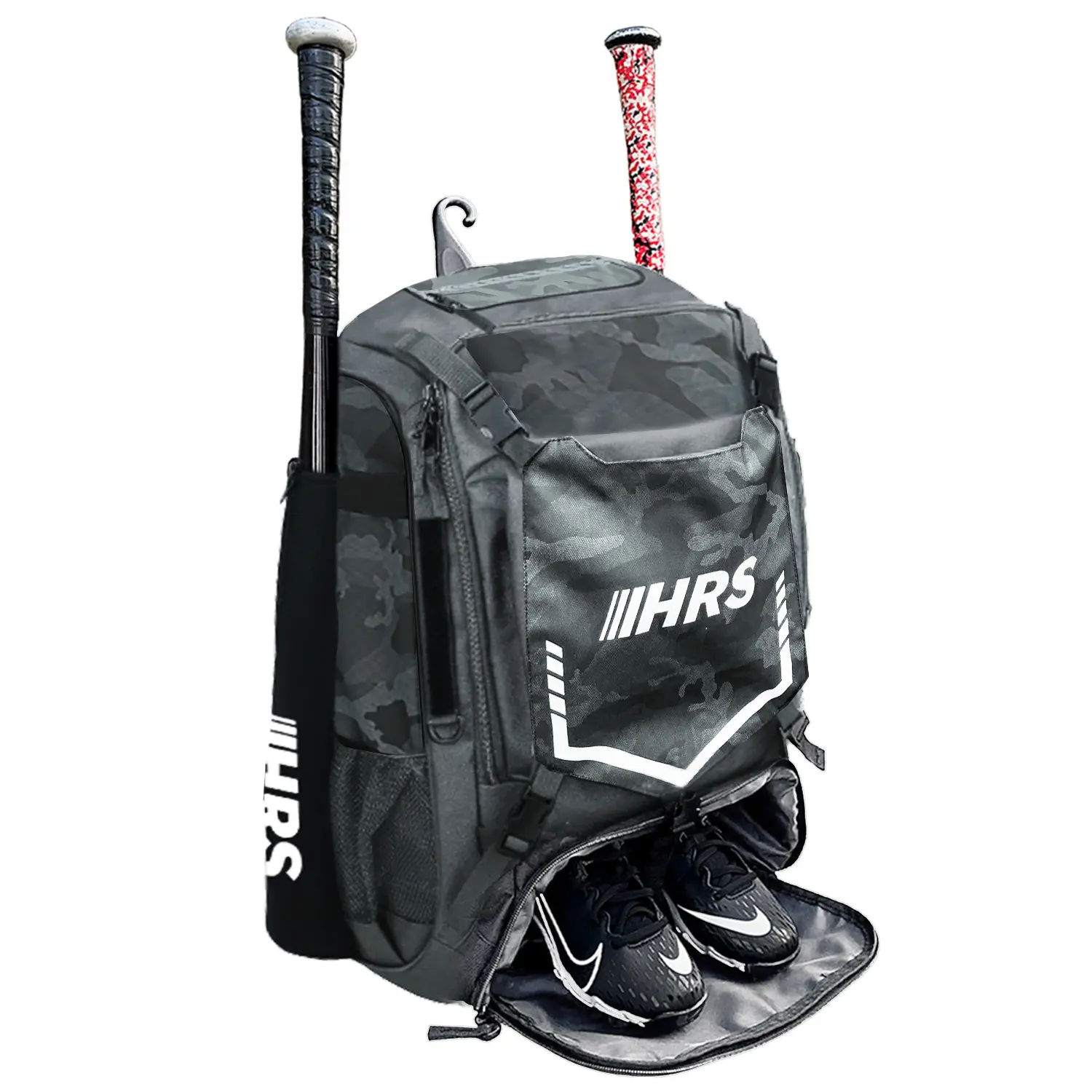Hit Run Steal Bat Bag Backpack, Gray Camo Baseball & Softball Gear Bag - Holds 4 Bats, Ventilated Shoe Pocket, Heavy Duty Fence Hook