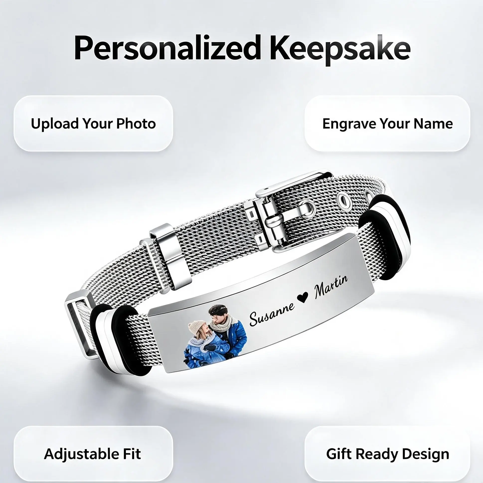 Unisex Custom Titanium Steel Mesh Bracelet - Silver Minimal Photo-Engraved Personalized Bracelet, Anniversary Gift for Couples