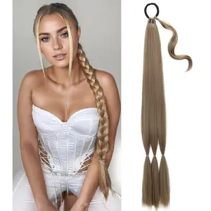 32 inch Braid Ponytail Extension Long DIY Braid Pony Tail with Hair Tie Straight Wrap Around Hair Extensions Natural Synthetic Hairpiece for Women Girls Daily Party Use Dark Brown Mixed Honey Blonde Braided Ponytail Extension
