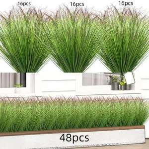 48 pcs  artificial grass plants, artificial shrub wheatgrass, artificial tall grass fake plants for outdoor decoration, artificial green plant stems and weeds (dark green with red tips) for indoor home decoration, Plastic Simulation Leaves