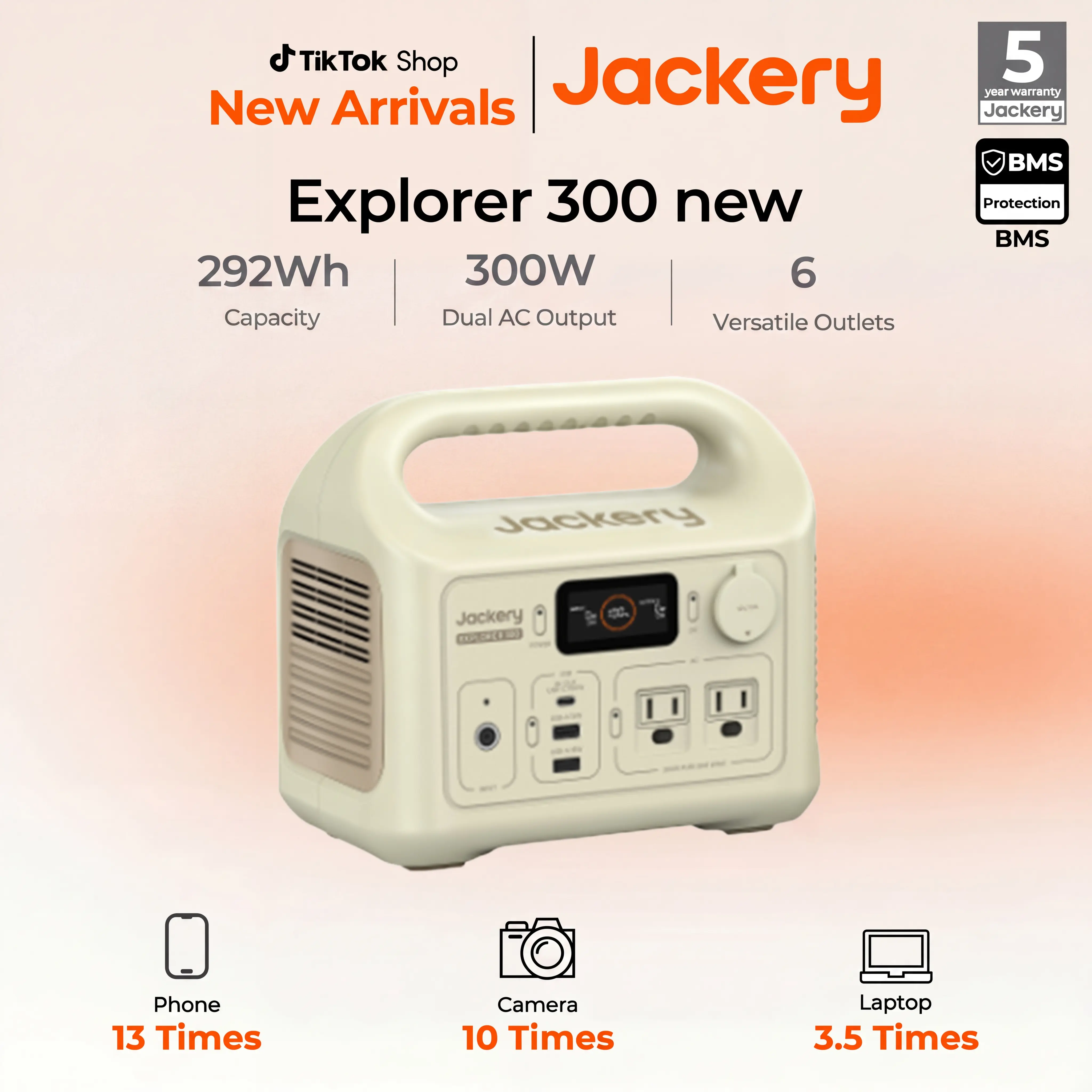 Jackery Solar Generator 300, 292Wh Power Station, 300W Pure Sine Wave AC Outlet for RV Outdoors Camping Travel Blackout(Dune White)