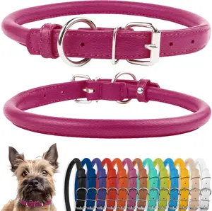 Collardirect Rolled Leather Dog Collar, Soft Padded round Puppy Collar, Handmade Genuine Leather Collar Dog Small Large Cat Collars 13 Colors (6-7 Inch, Pink Textured) CollarDirect