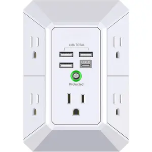 3-Sided Outlet Extender with Night Light - Multi Plug Outlet with 5 Outlets and 4 USB Ports(2 USB-C), USB Wall Charger for Home, Office, Travel, ETL Listed, White