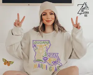 Louisiana Nola Sweatshirt, Mardi Gras Louisiana, Womens Mardi Gras, Girls Louisiana Sweat, Fat Tuesday Gift, Louisiana Map, Saints Sweater TTS 1 1511x02