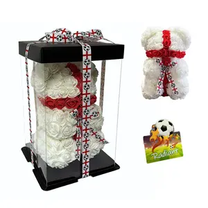3pcs Football Party Centerpiece Rose Bear Decorations, Eternal Flowers, Transparent Box, Perfect for Sports Bar Decoration