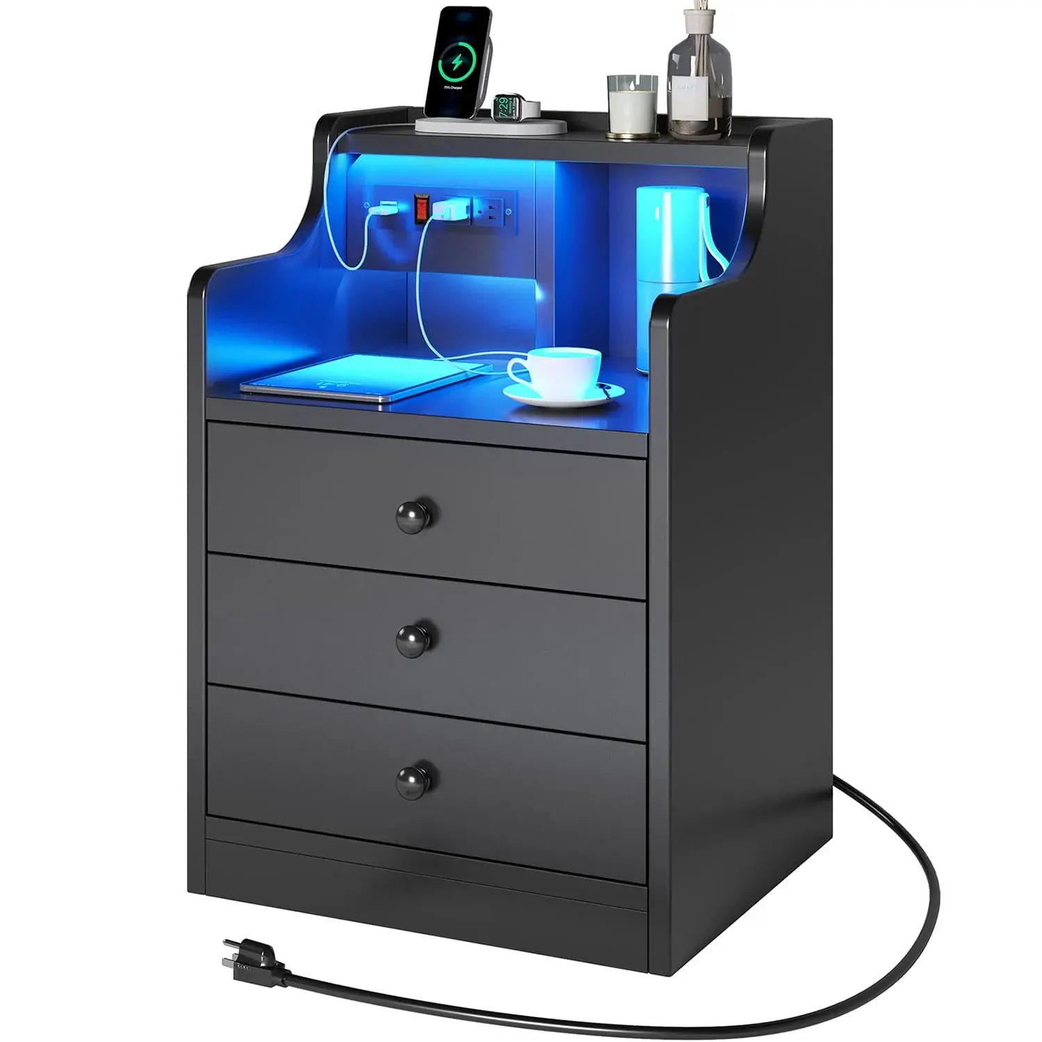 SIKAIC Black Nightstand with Charging Station and 3 Drawers, LED Bedside Table with USB Ports and Power Outlets