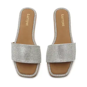 Women’s Sparkly Jeweled Glitter Flat Slide Sandals, Shiny Jeweled Slip-On Summer Slippers