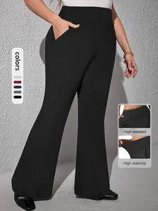 Plus Size Solid-Color High-Waist Flare-Leg Pants, Casual Comfy Breathable Bell-Bottom Pants for Daily Wear, Women's Bottoms for Fall & Winter