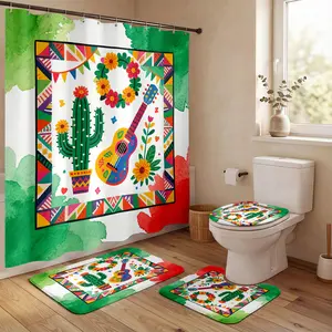 【Mexican Culture】Shower Curtain Set – Vibrant Watercolor Cactus, Guitar & Marigold Wreath Bathroom Decor – 4 Piece Bath Set with Mat – Waterproof, Non-Slip Bathroom Rug Set – Cinco de Mayo, Fiesta Party, Mexican Theme, Summer Decor