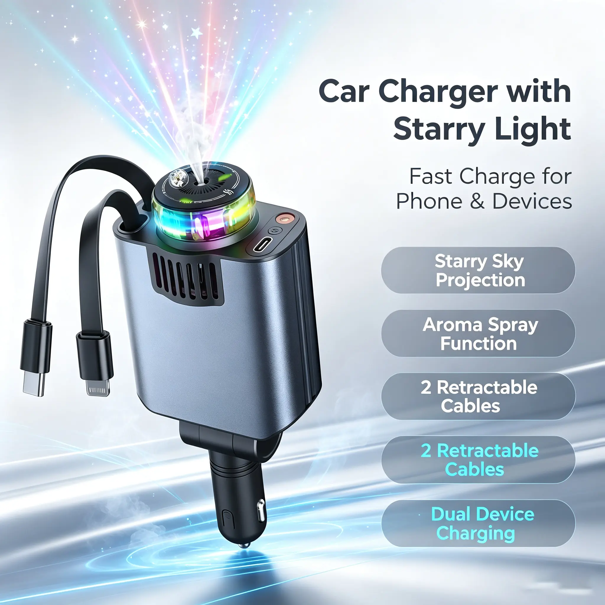 5 In 1 Fragrance Starlight Projector Retractable PD 3.0 Fast Charging USB C Port Aromatherapy Diffuser  Freshener Extendable Charging Cable Compact Design Fast Phone  Compatible with iPhone  Android Devices summerw