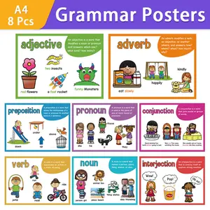 8 Piece A4 Grammar Learning Posters Set, Classroom Decoration, Educational Clipboards for Students, Perfect Bulletin Board Supplies, Visual Learning Tools