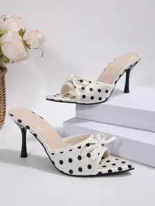 Ladies' fashionable formal polka dot high-heeled sandals, pointed and elegant slim high-heeled sandals, butterfly knot party dress matching, cute date matching Women Footwear