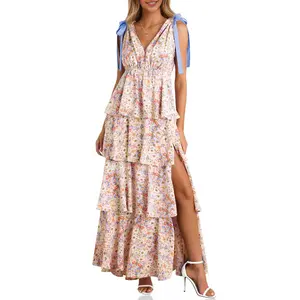 Wenrine Women's Summer Floral Maxi Dress Tie Strap Sleeveless V Neck High Slit Boho Ruffle Tiered Beach Dresses