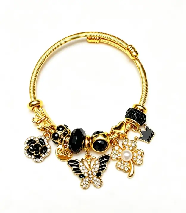 Tone Gold Twisted Wire Open Bangle Black Butterfly Clover Pearl Rhinestone Enamel Charm Bracelet Women Luxury Black Gold Jewelry Gift