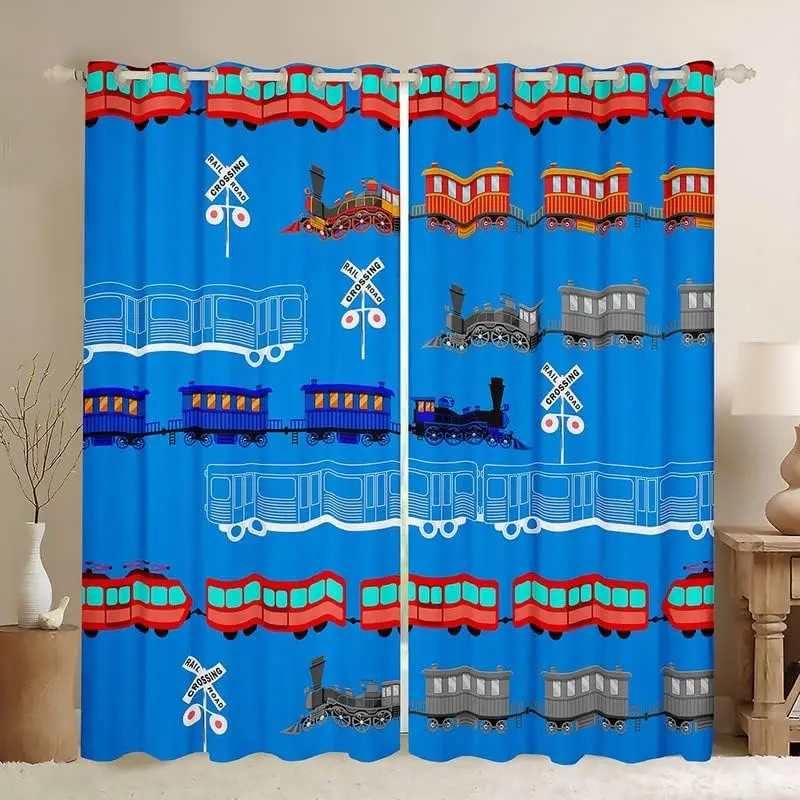 Feelyou 2-Panel Velvet Blackout Curtains - Colorful, Character-Themed, Dark-Colored Blocking Curtains, 30%-50% Darkening Light Filtering, Multi-Size Retro Drapes with Vintage Cars & Steam Train Blue Light Sign, Bedroom Window Treatments, Colorful Curtains