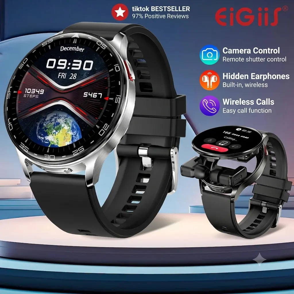 EIGIIS Smart Watch with Earbuds, 1.39 Inch Round Sport Watch, 2 in 1 Wireless Watch with Step, Music Playback Wearable Devices with 100+ Sport Modes Call/Message Notification, Smartwatch for iOS & Android