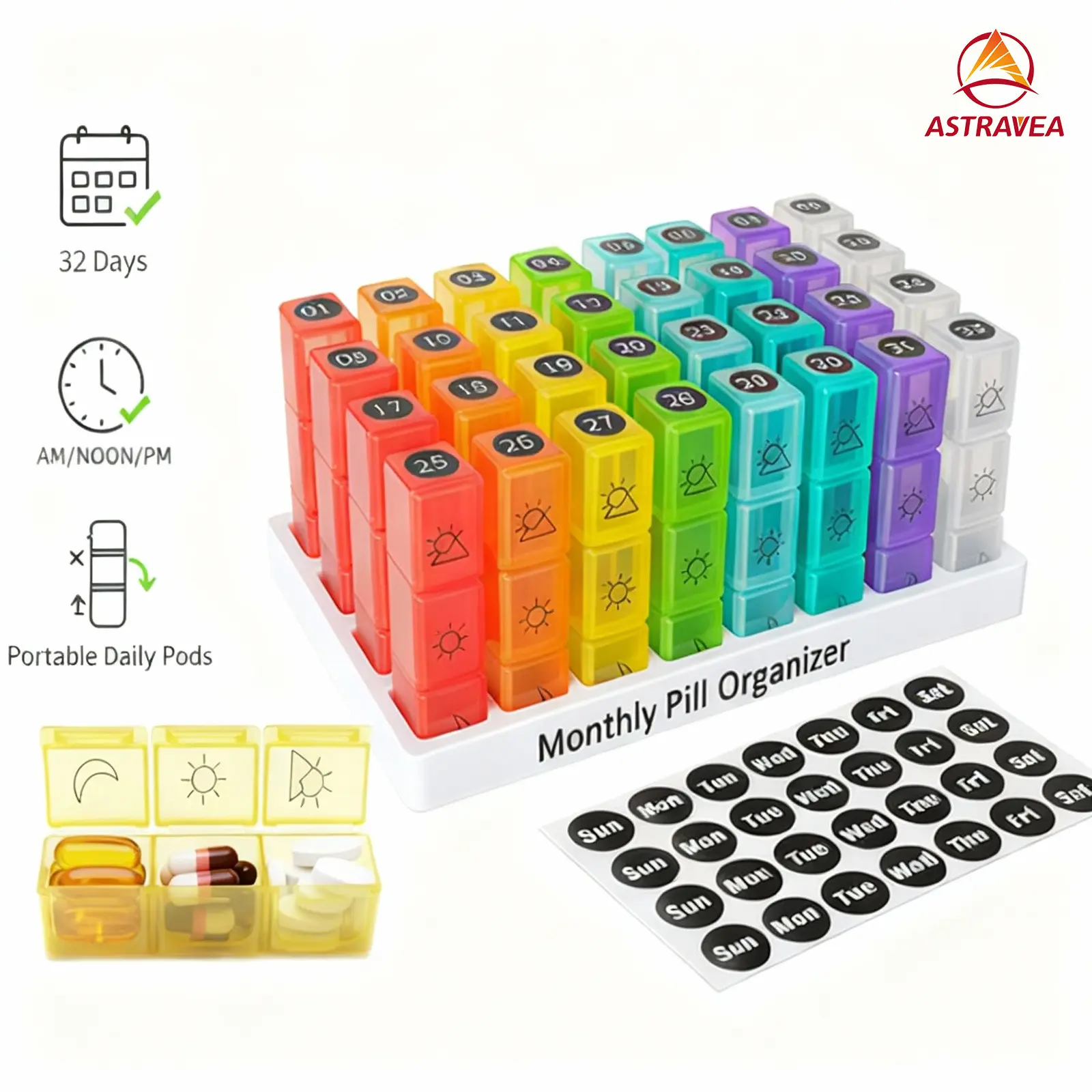 ASTRAVEA Monthly Pills Organizer - Compact, Multicolored, Colour-AM/PM/Lid Design with Daily Strips, Portable Home Storage Box for Medication Organization