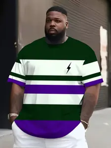 Men's Plus Size Casual Streetwear Loose-Fit Breathable Round Neck Short Sleeve T-Shirt, Striped Geometric Print, All Seasons, Comfortable Fabric