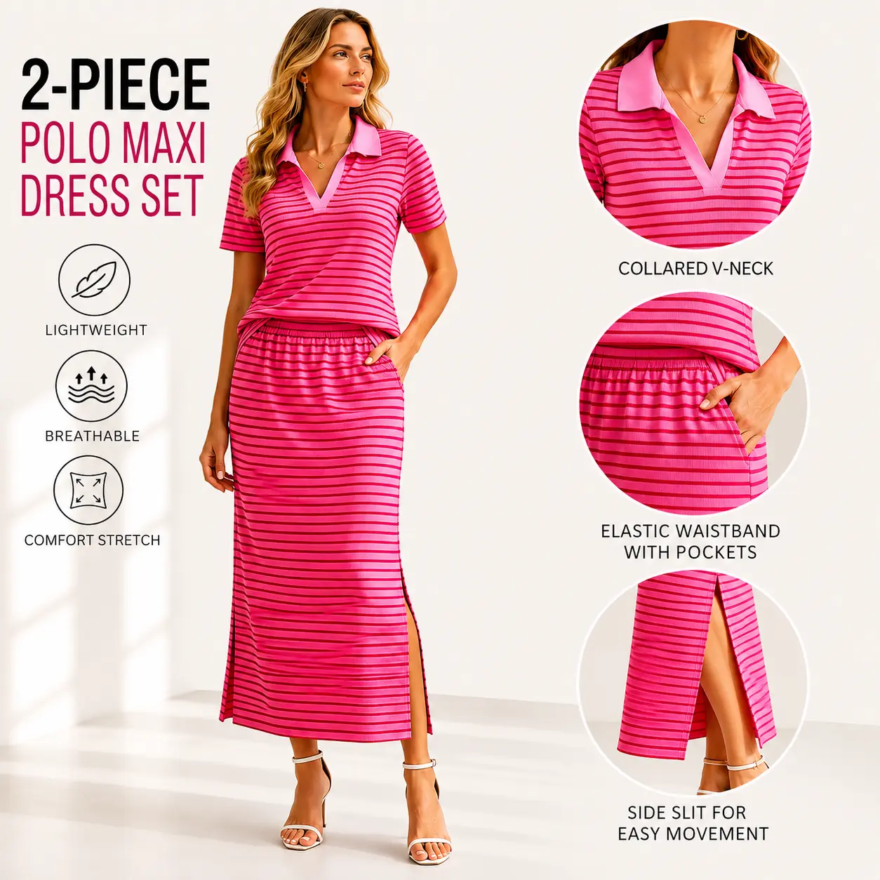 Women's 2-Piece Striped Short-Sleeve Polo Shirt & Maxi Skirt Matching Set with Pockets, Color-Coordinated Casual Style Chic Oversized Skirt & Top Set for Summer Workwear, Casual Style Set, Two Piece Women Sets