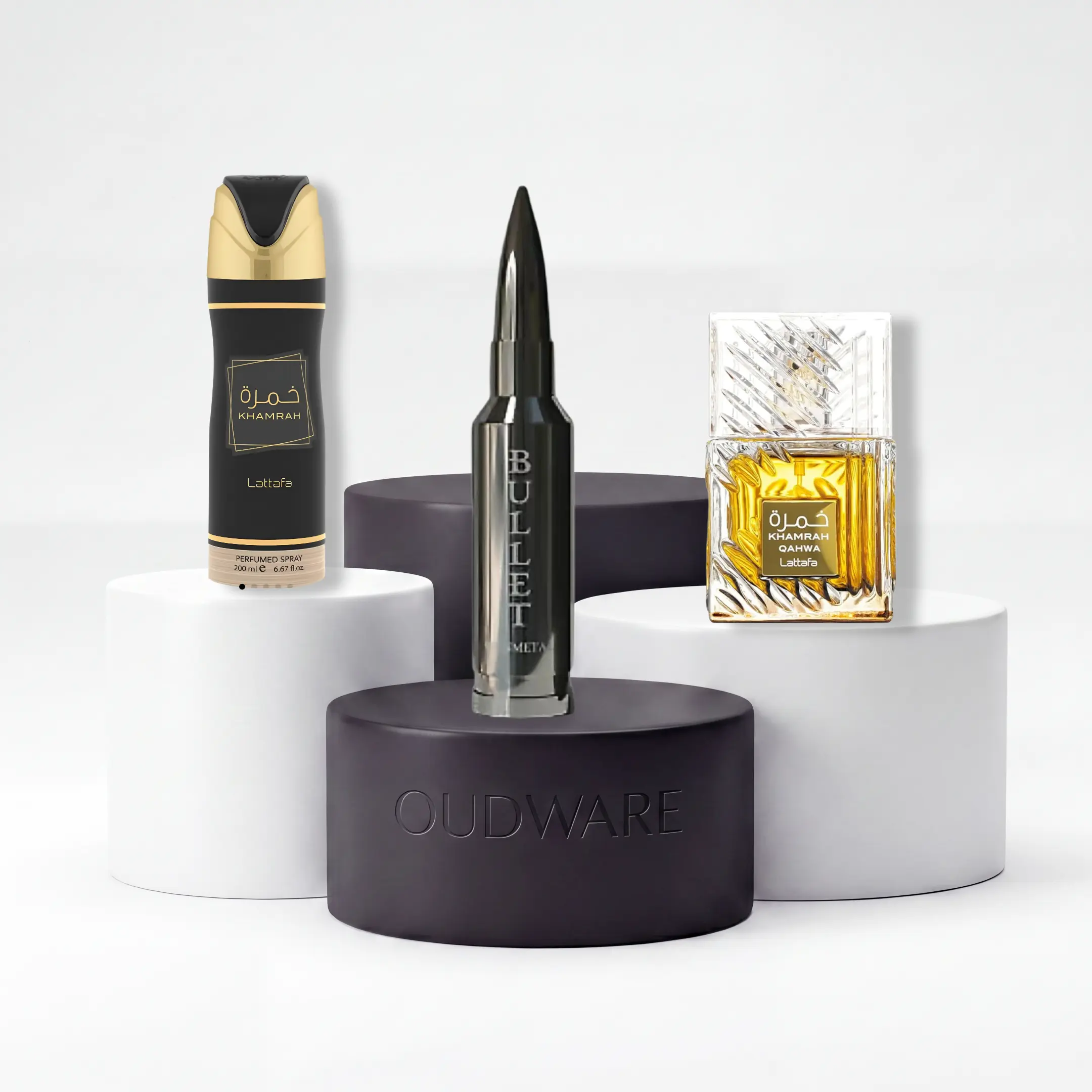 Bharara Bullet Gun Metal 75 ml EDP + Lattafa Khamrah Perfumed Body Spray 200 ml +Lattafa khamrah Qahwa 100 ml EDP -  The Summer To Fall Bundle From Oudware