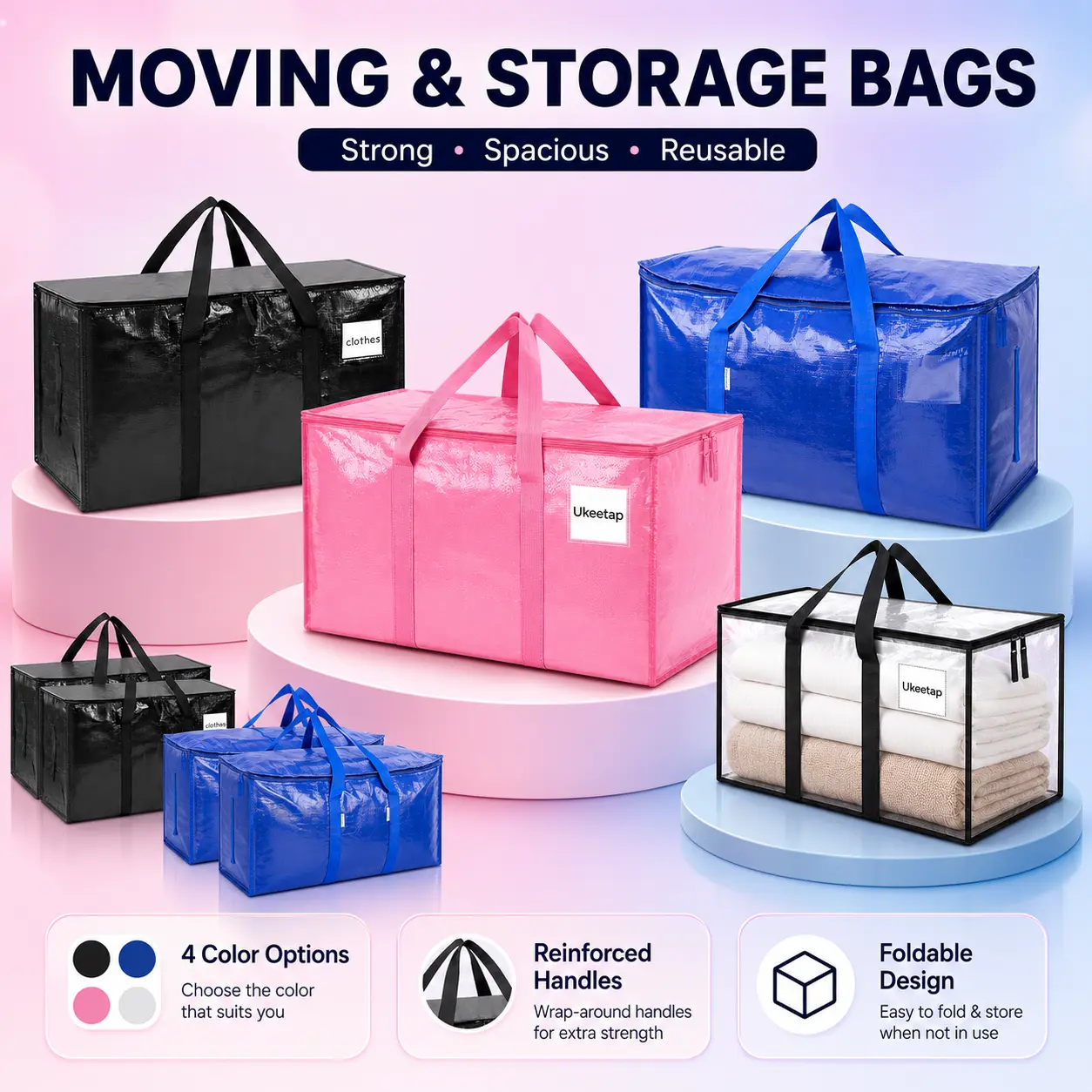 Moving Bags 6 Pack, Large Capacity Heavy Duty Storage Totes, Waterproof Foldable Packing Bags with Strong Zippers & Handles for College Move Out, Dorm Room, Travel, Closet Organization, Clothes & Blankets