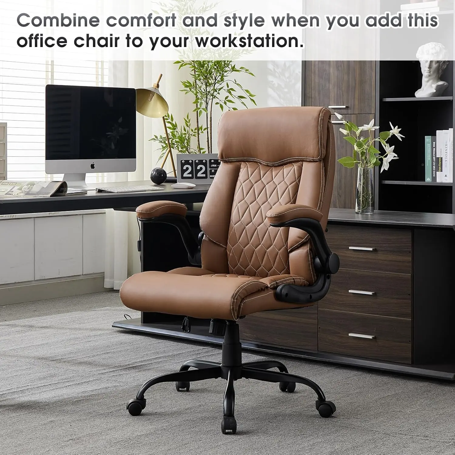 Modern PU Leather Ergonomic Office Armchair - Home Office Furniture with Flip-up Armrests, Back Support, Rocking Function, Height Adjustment, 360-Degree Swivel Base, Adjustable Design, Assembly Required, Office Chair