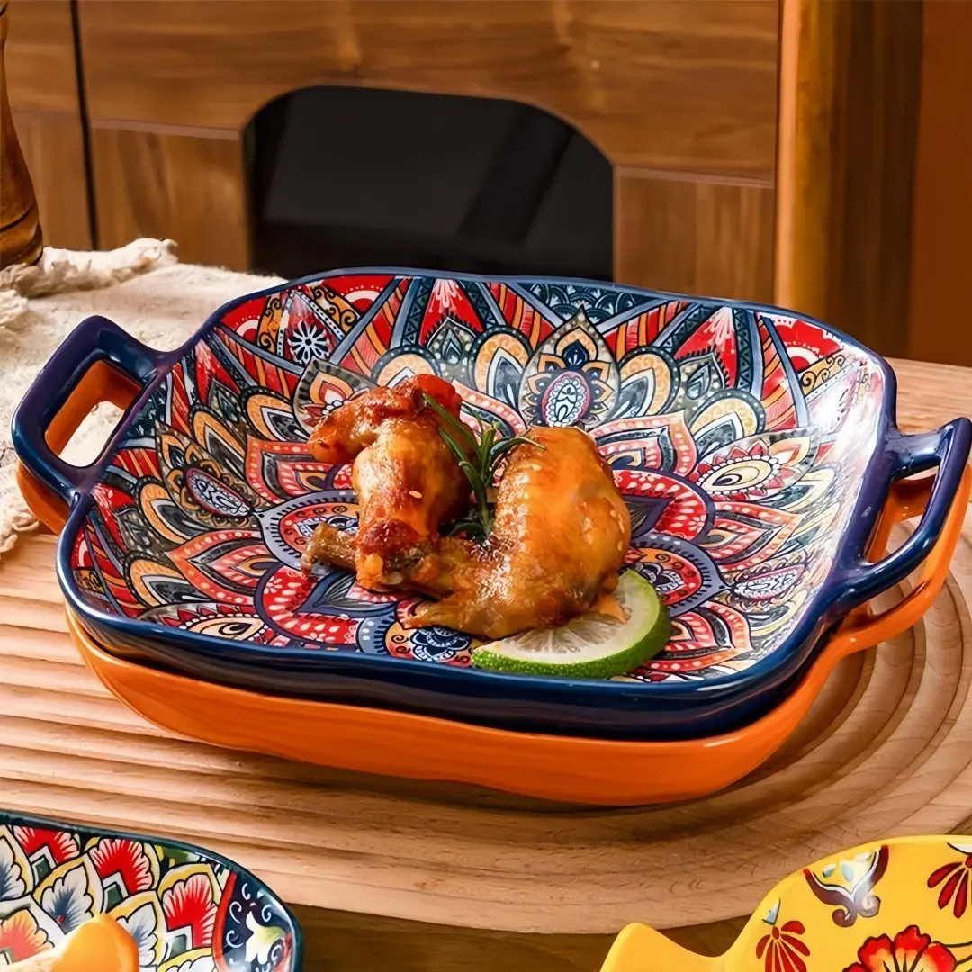 Bohemian Ceramic Serving Plates Set of 2, Dual-Handle Baking Dish, Oven & Microwave Safe, Vibrant Floral Design, Ideal for Salad & Pasta, Colourful Tableware