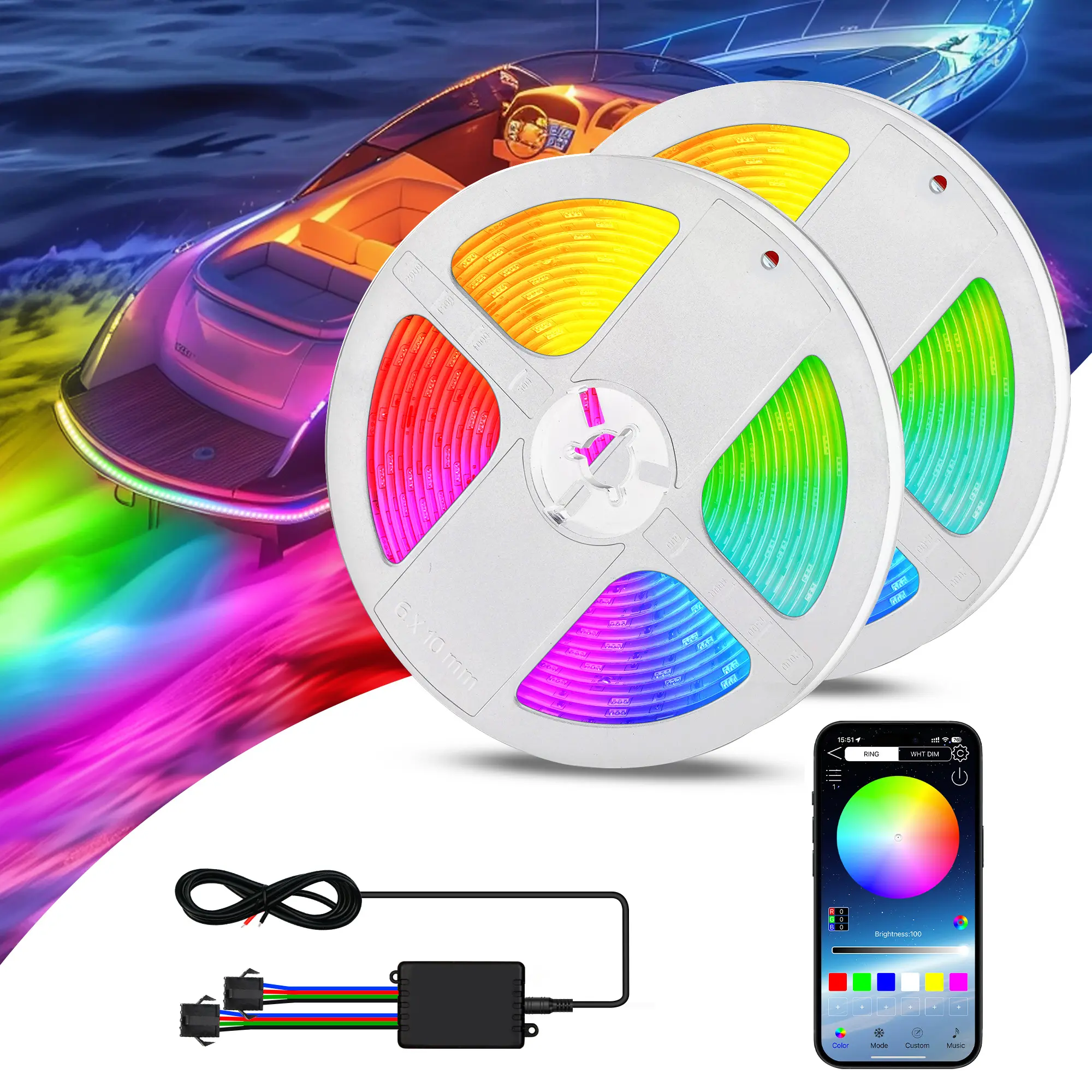 4WDKING RGB LED Boat Strip Light Kit, 32.8 FT Waterproof Marine Multi-Color Interior Deck Cockpit Courtesy Pontoon Party Light for Yacht, Fishing Boat, Pontoon Party Lights