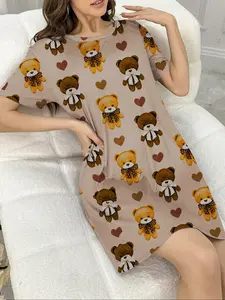 Women's nightgown, nightie, short-sleeved V-neck fitted pajamas, casual home wear dresses, comfortable daily sleep wear