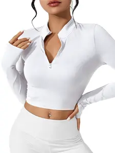 Women's Solid Thumb Hole Long Sleeve Crop Sports Tee, Casual Sporty Comfy Breathable Cropped Top Athletic Top for Yoga Gym Workout, Ladies Sportswear for All Seasons, Athletic Yoga Tops