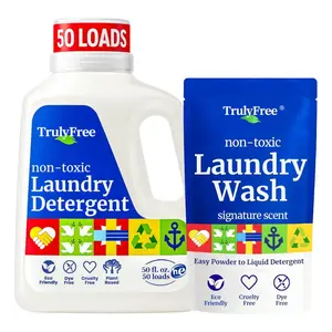 Truly Free Natural Laundry Detergent for Sensitive Skin | Eco Friendly, Plant Based, Baby Clothes Safe | Clean & Easy Powder to Liquid, 1 Pack Detergent + 1 Refillable Jug | Signature Scent, 50 Loads
